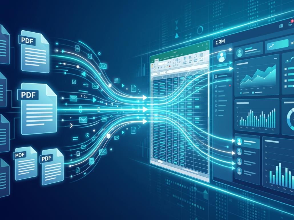 Stop Copy-Pasting: How to Automate Data from PDFs to Excel (or Your CRM) 1 Digital data flowing into spread… 202608221718